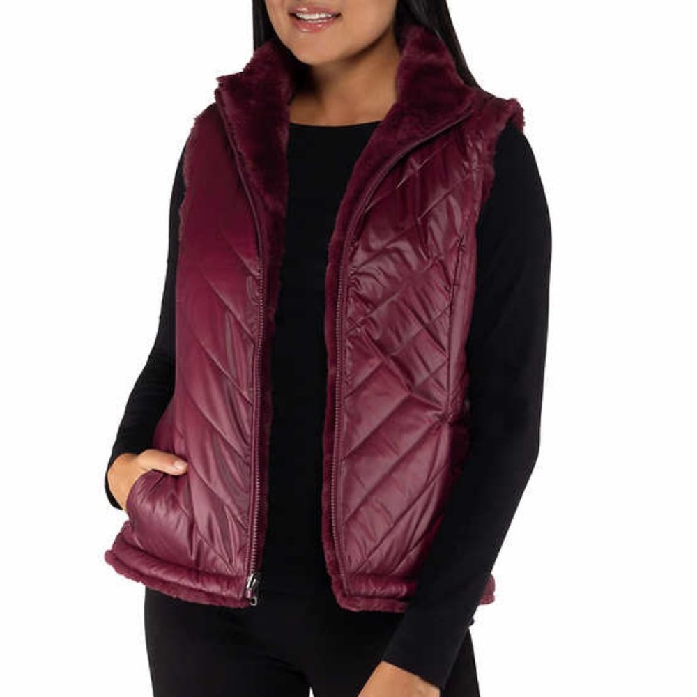 FLASH SALE Nicole Miller Ladies' Reversible Vest Faux Fur With Pockets Wine NEW